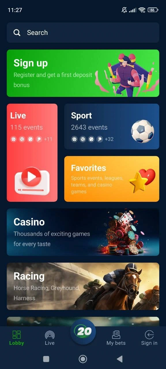 Screenshot dell'app Bet 20 con ampia scelta di giochi